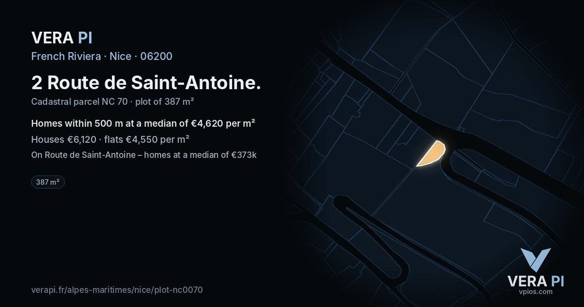 2 Route de Saint-Antoine, Nice at night – the plot lit, the parcels around coloured by the prices near them