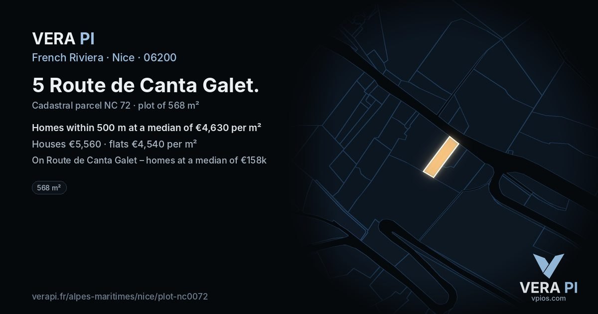 5 Route de Canta Galet, Nice at night – the plot lit, the parcels around coloured by the prices near them