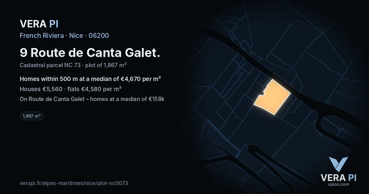 9 Route de Canta Galet, Nice at night – the plot lit, the parcels around coloured by the prices near them