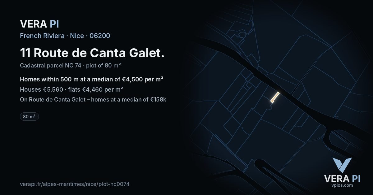 11 Route de Canta Galet, Nice at night – the plot lit, the parcels around coloured by the prices near them