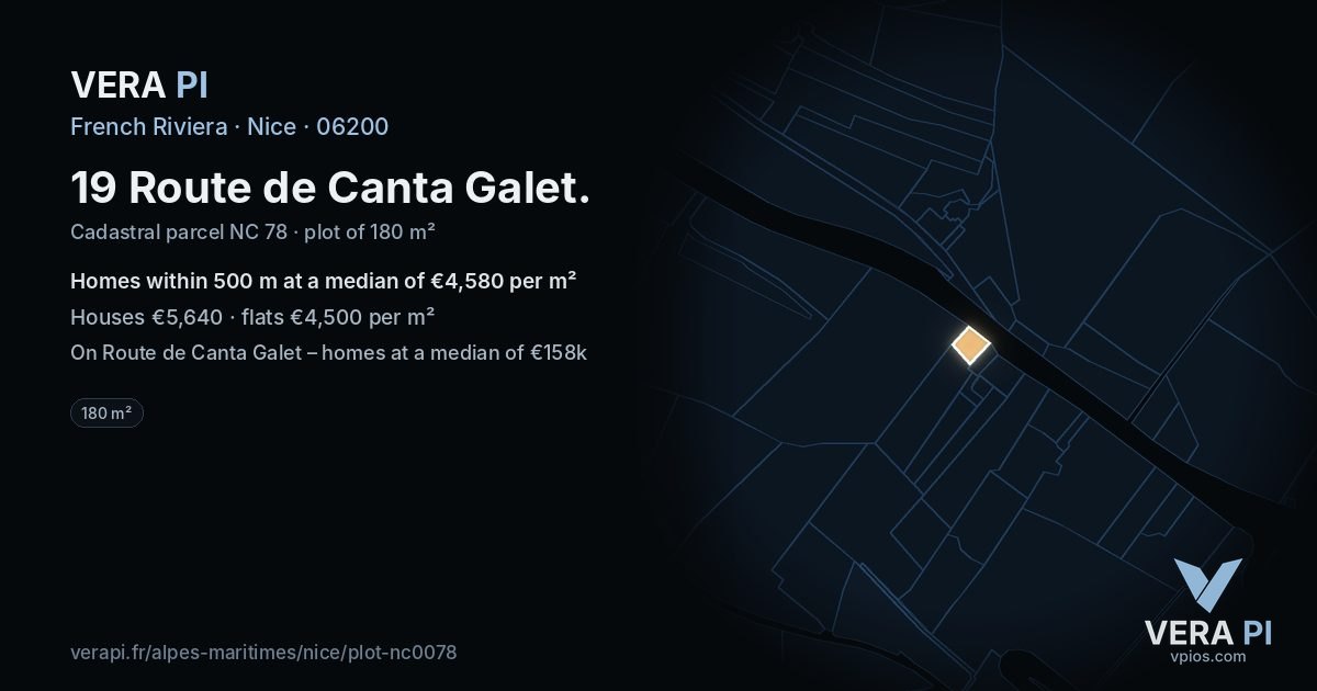 19 Route de Canta Galet, Nice at night – the plot lit, the parcels around coloured by the prices near them