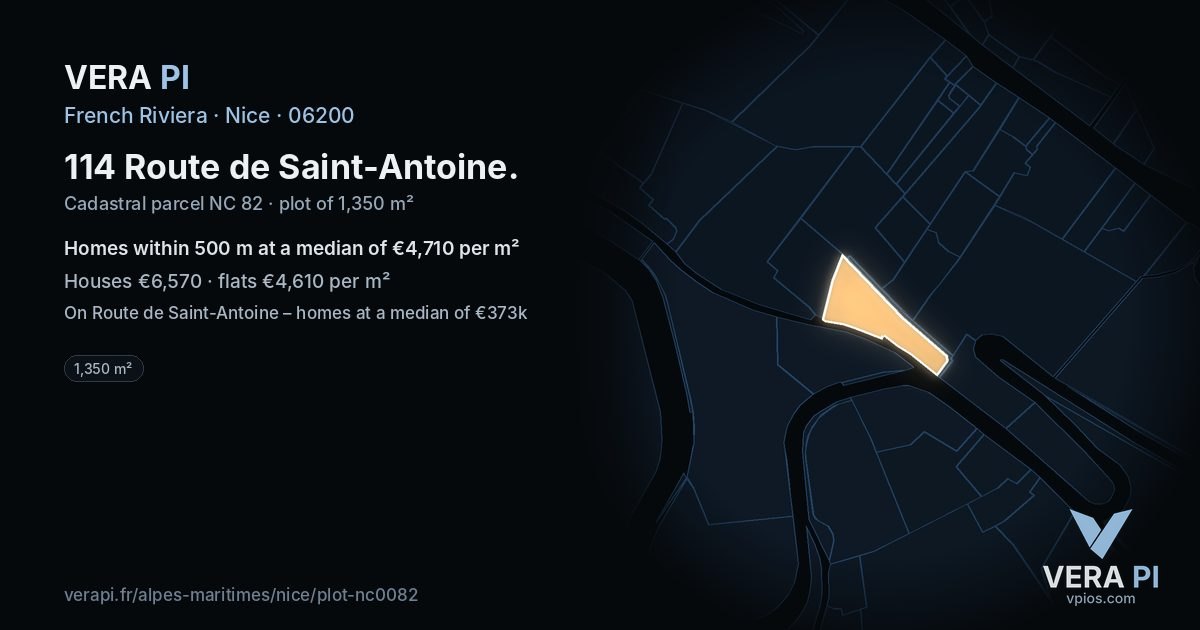 114 Route de Saint-Antoine, Nice at night – the plot lit, the parcels around coloured by the prices near them