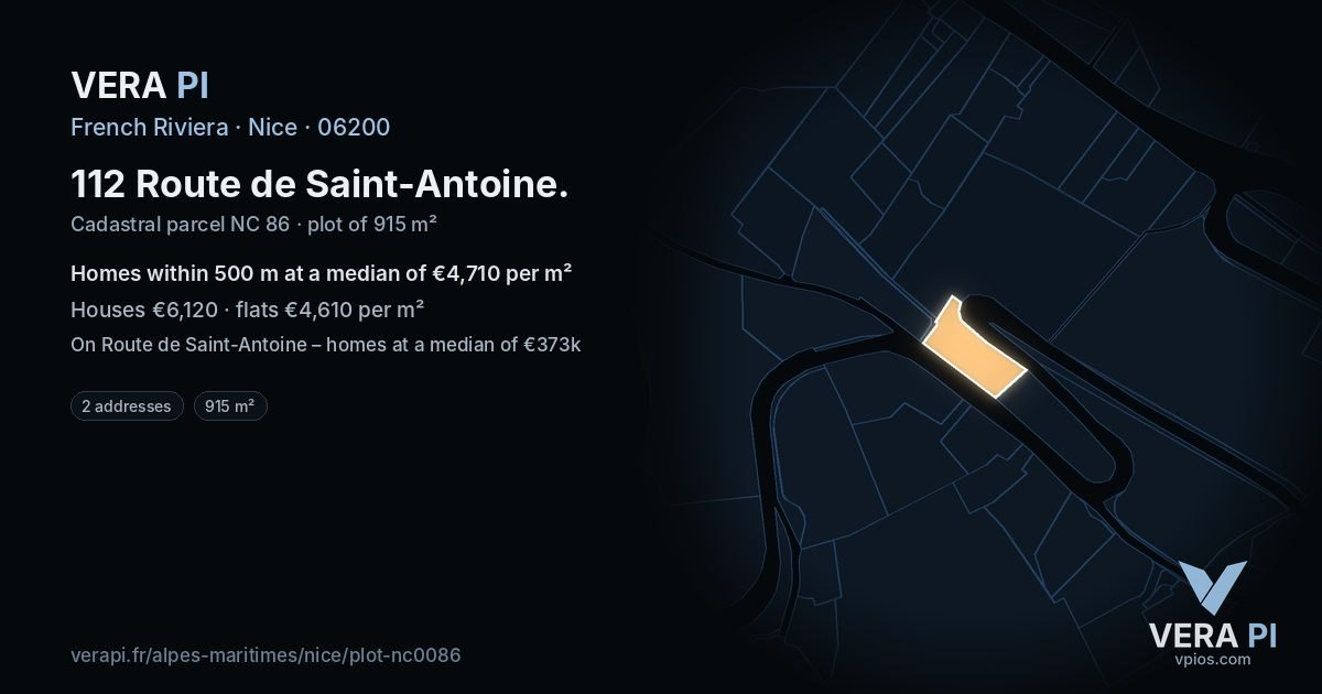 112 Route de Saint-Antoine, Nice at night – the plot lit, the parcels around coloured by the prices near them