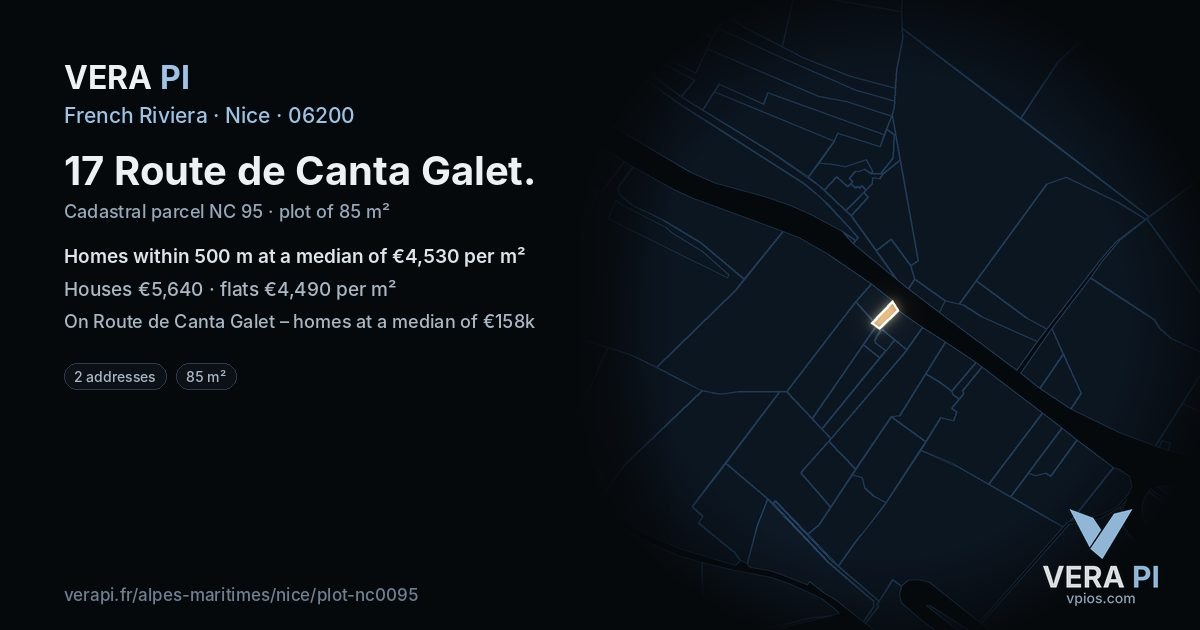 17 Route de Canta Galet, Nice at night – the plot lit, the parcels around coloured by the prices near them
