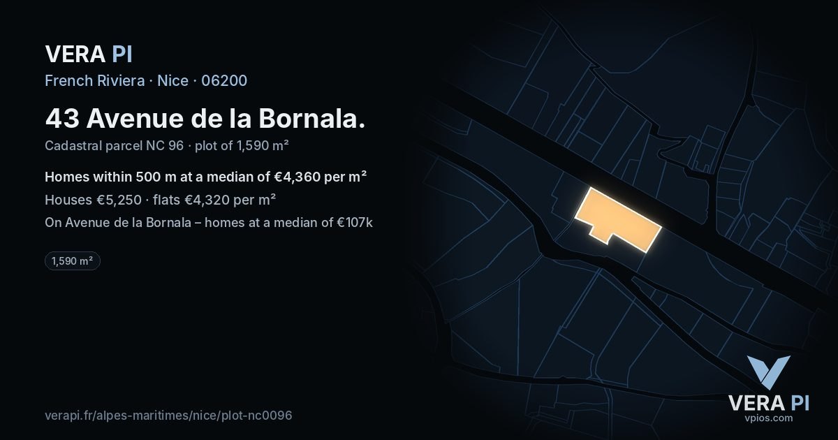 43 Avenue de la Bornala, Nice at night – the plot lit, the parcels around coloured by the prices near them