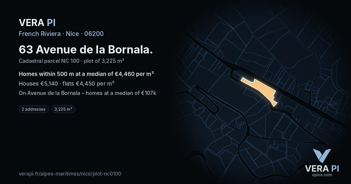 63 Avenue de la Bornala, Nice at night – the plot lit, the parcels around coloured by the prices near them