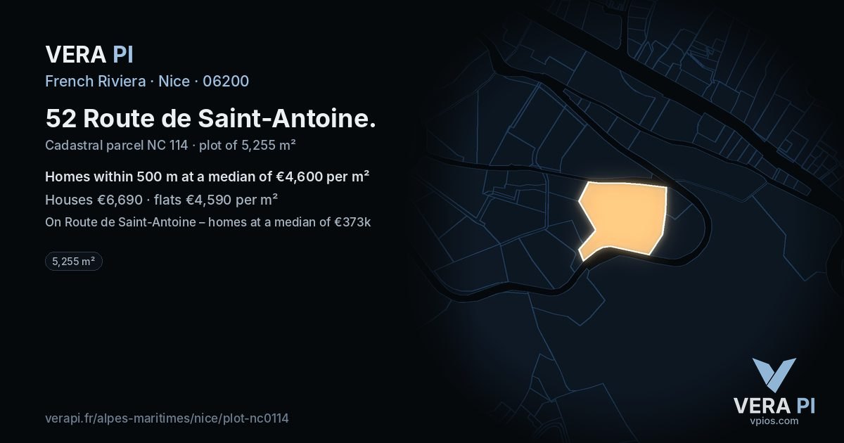 52 Route de Saint-Antoine, Nice at night – the plot lit, the parcels around coloured by the prices near them