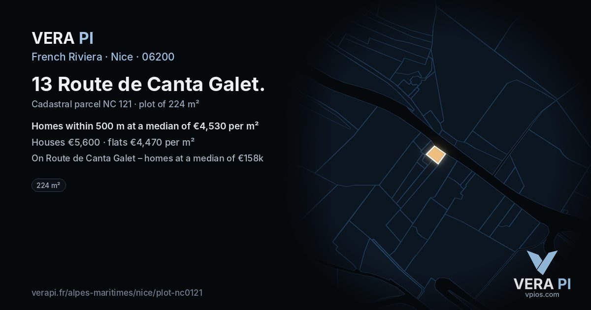 13 Route de Canta Galet, Nice at night – the plot lit, the parcels around coloured by the prices near them