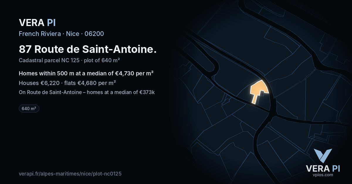87 Route de Saint-Antoine, Nice at night – the plot lit, the parcels around coloured by the prices near them