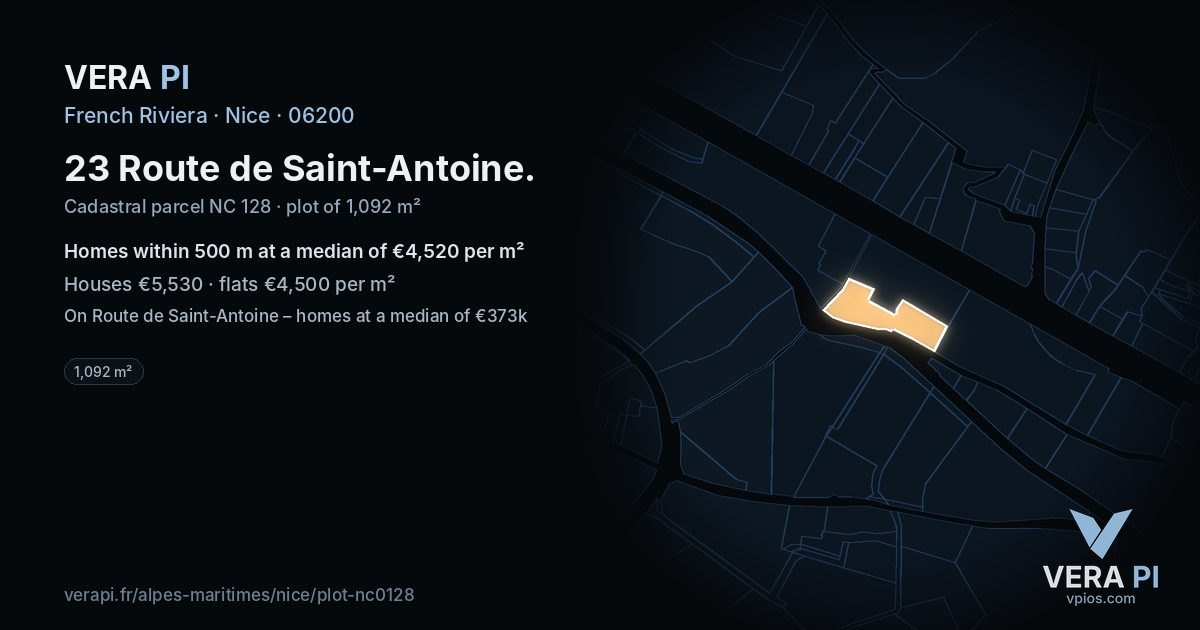 23 Route de Saint-Antoine, Nice at night – the plot lit, the parcels around coloured by the prices near them