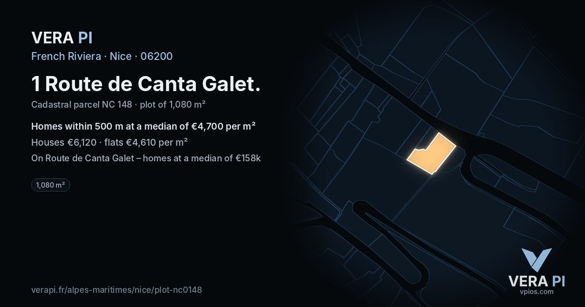 1 Route de Canta Galet, Nice at night – the plot lit, the parcels around coloured by the prices near them
