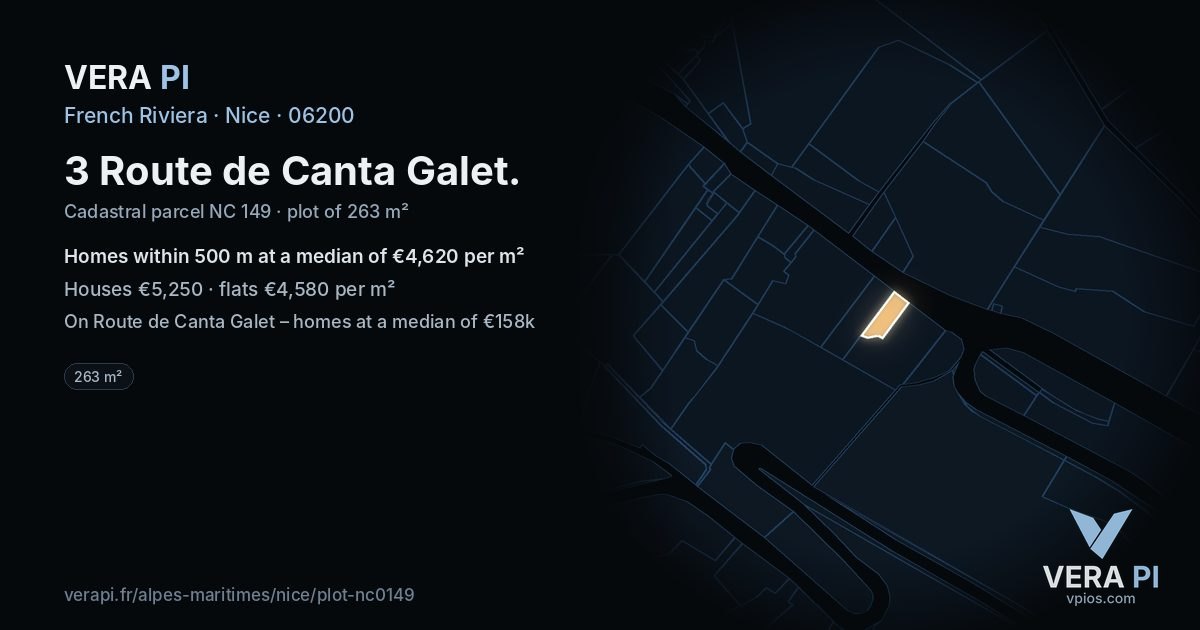 3 Route de Canta Galet, Nice at night – the plot lit, the parcels around coloured by the prices near them