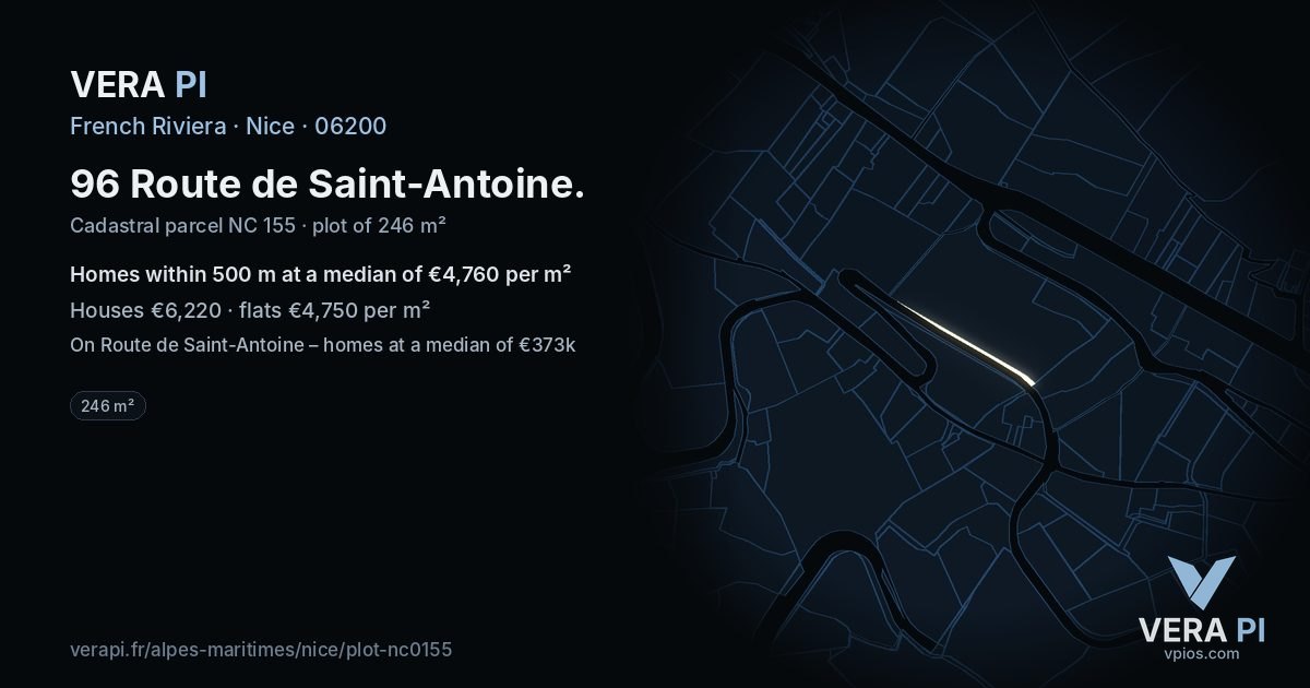 96 Route de Saint-Antoine, Nice at night – the plot lit, the parcels around coloured by the prices near them