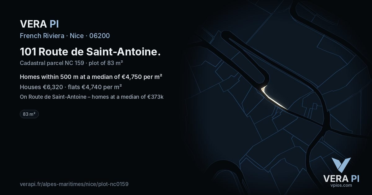 101 Route de Saint-Antoine, Nice at night – the plot lit, the parcels around coloured by the prices near them