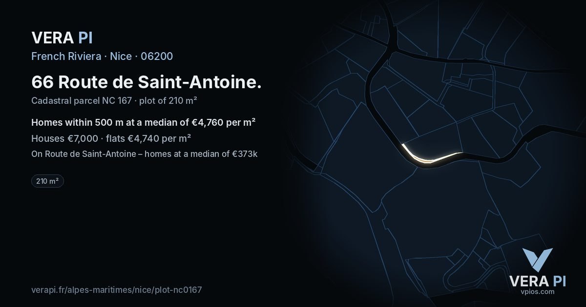 66 Route de Saint-Antoine, Nice at night – the plot lit, the parcels around coloured by the prices near them