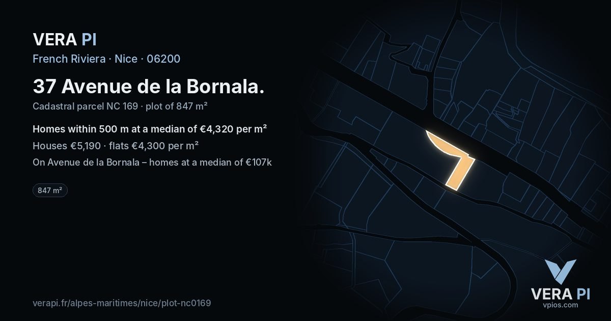 37 Avenue de la Bornala, Nice at night – the plot lit, the parcels around coloured by the prices near them