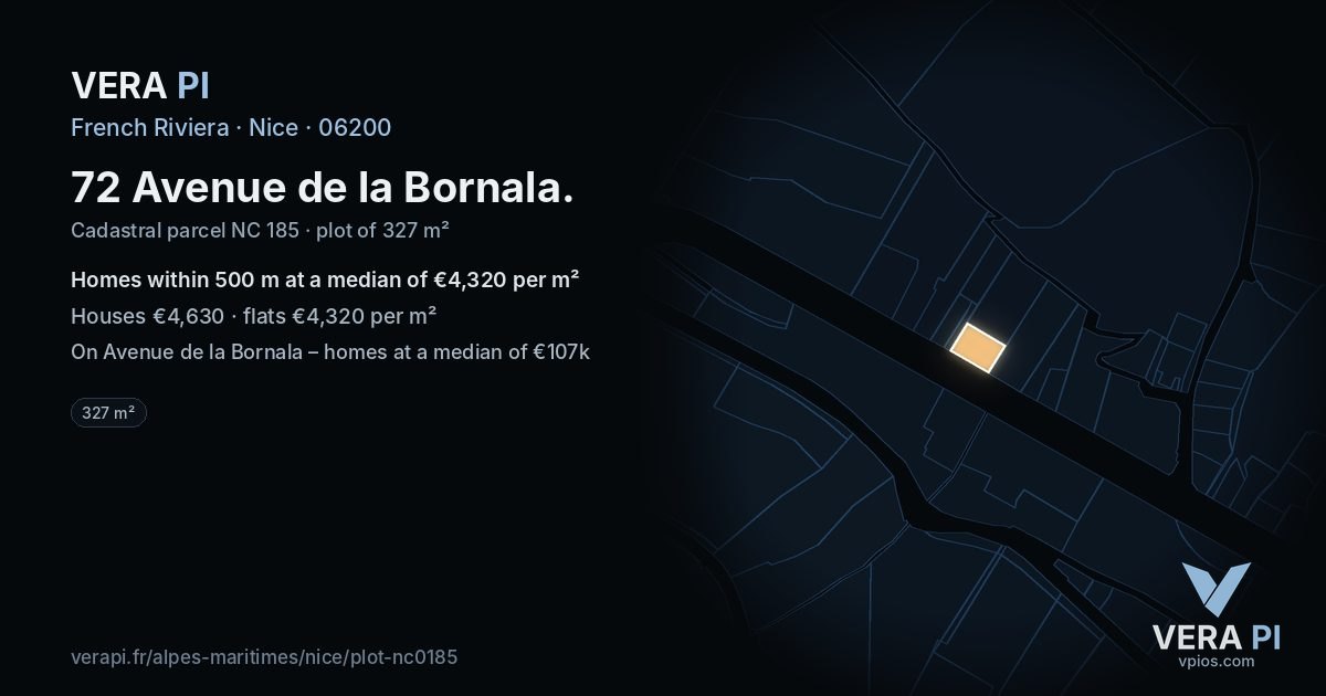 72 Avenue de la Bornala, Nice at night – the plot lit, the parcels around coloured by the prices near them