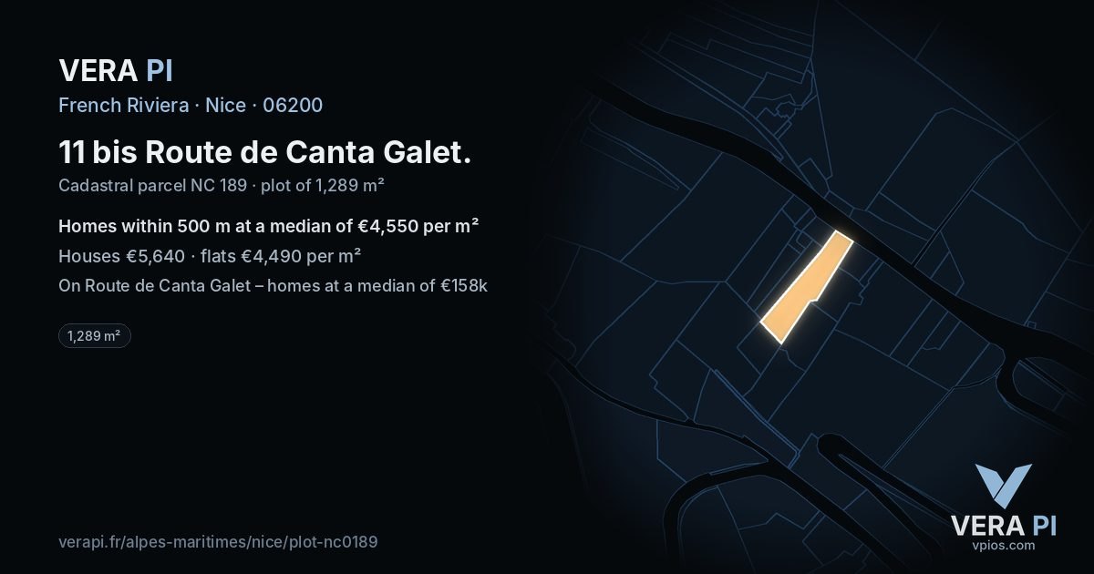 11 bis Route de Canta Galet, Nice at night – the plot lit, the parcels around coloured by the prices near them