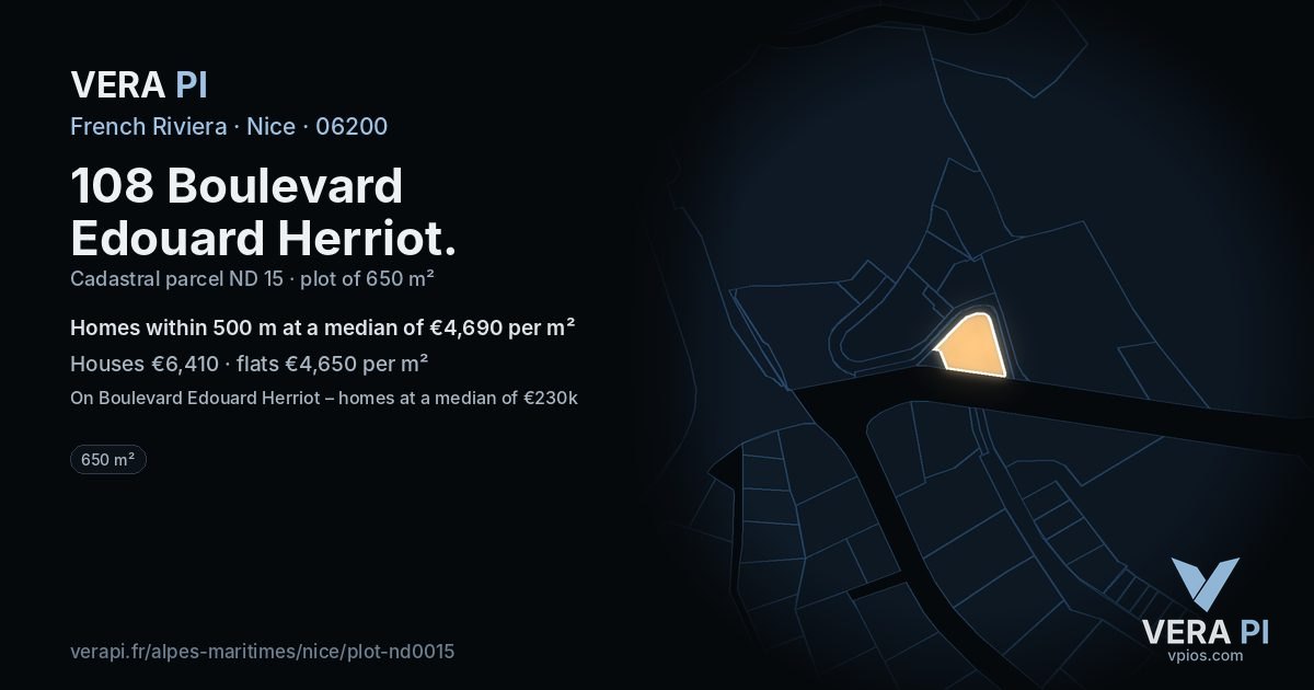 108 Boulevard Edouard Herriot, Nice at night – the plot lit, the parcels around coloured by the prices near them