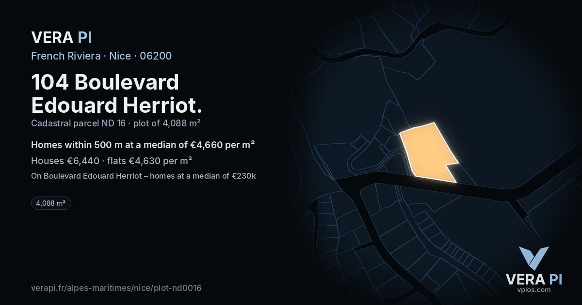104 Boulevard Edouard Herriot, Nice at night – the plot lit, the parcels around coloured by the prices near them