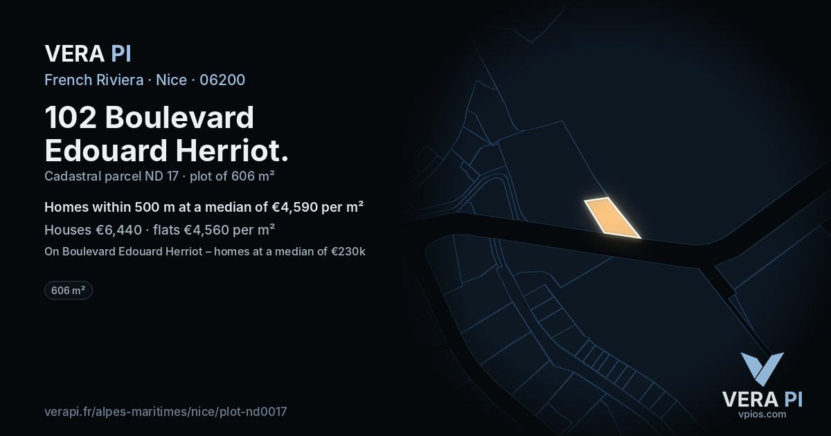 102 Boulevard Edouard Herriot, Nice at night – the plot lit, the parcels around coloured by the prices near them