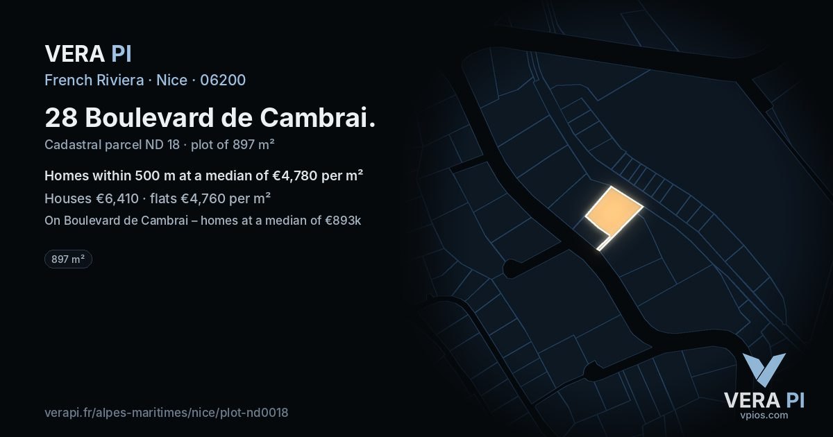 28 Boulevard de Cambrai, Nice at night – the plot lit, the parcels around coloured by the prices near them