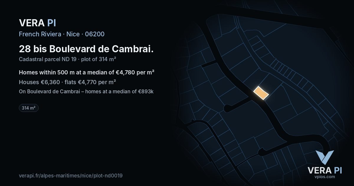 28 bis Boulevard de Cambrai, Nice at night – the plot lit, the parcels around coloured by the prices near them