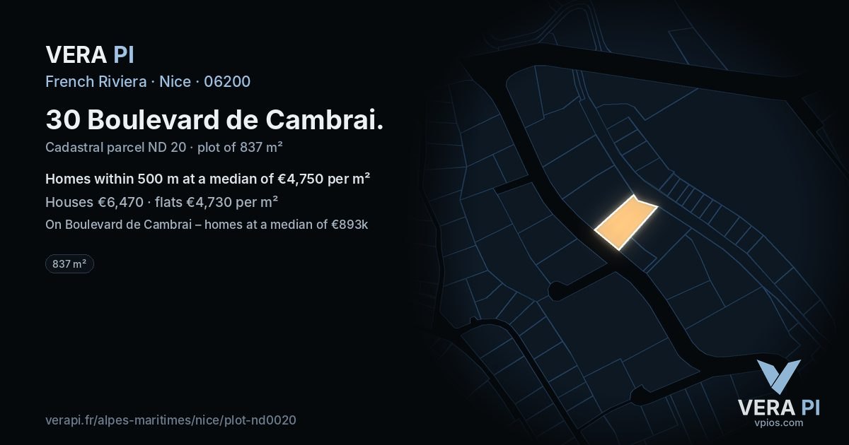 30 Boulevard de Cambrai, Nice at night – the plot lit, the parcels around coloured by the prices near them