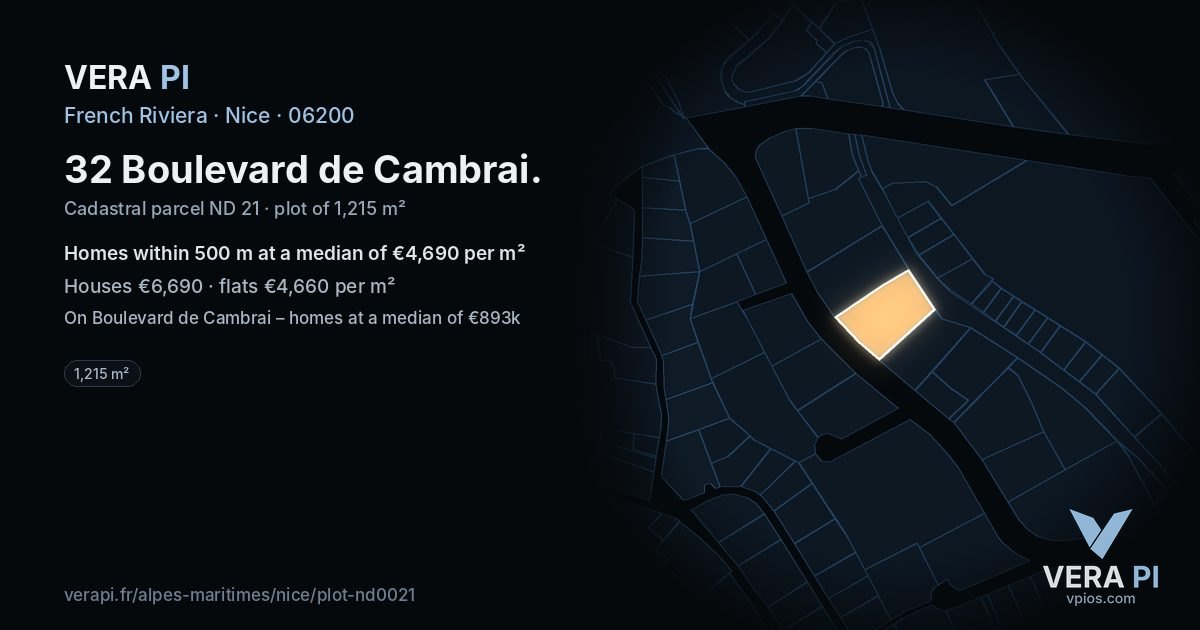 32 Boulevard de Cambrai, Nice at night – the plot lit, the parcels around coloured by the prices near them