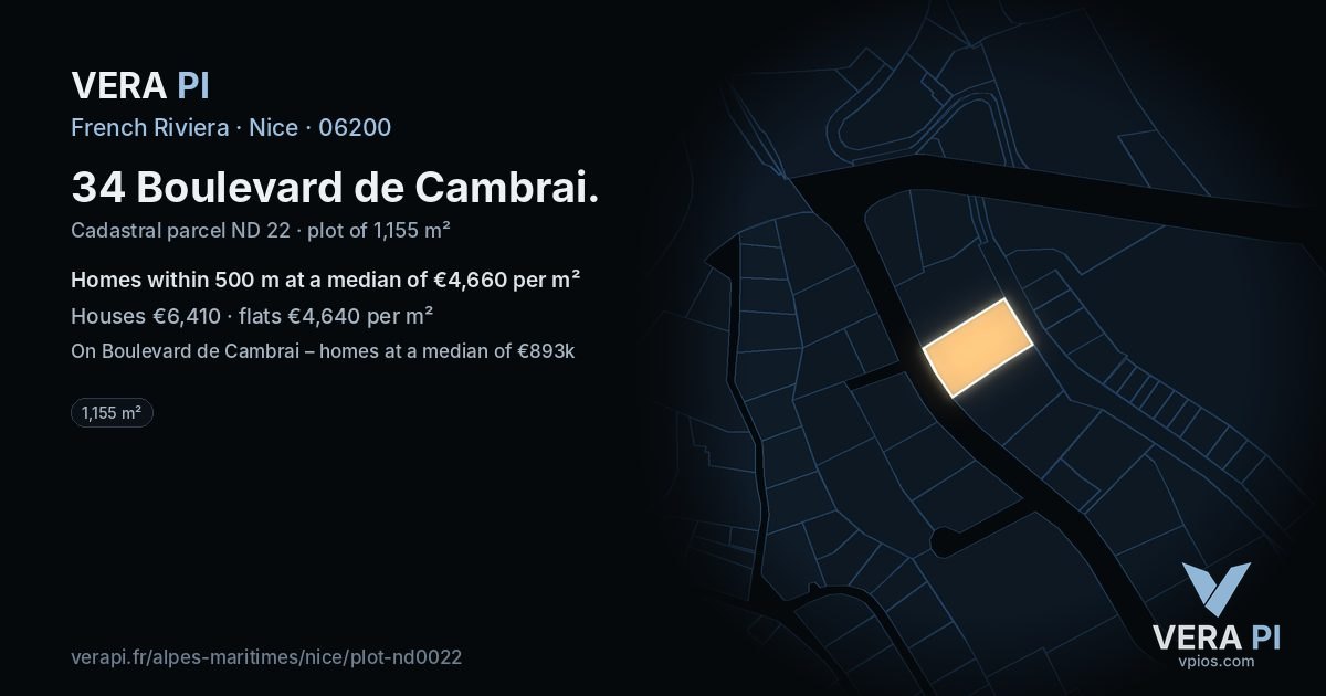 34 Boulevard de Cambrai, Nice at night – the plot lit, the parcels around coloured by the prices near them