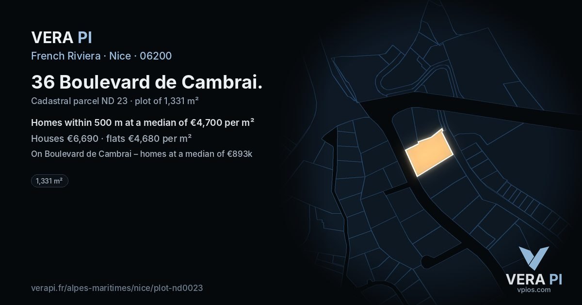 36 Boulevard de Cambrai, Nice at night – the plot lit, the parcels around coloured by the prices near them
