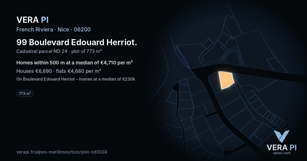 99 Boulevard Edouard Herriot, Nice at night – the plot lit, the parcels around coloured by the prices near them