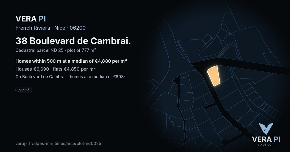 38 Boulevard de Cambrai, Nice at night – the plot lit, the parcels around coloured by the prices near them