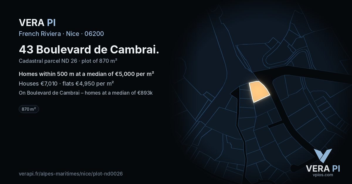 43 Boulevard de Cambrai, Nice at night – the plot lit, the parcels around coloured by the prices near them