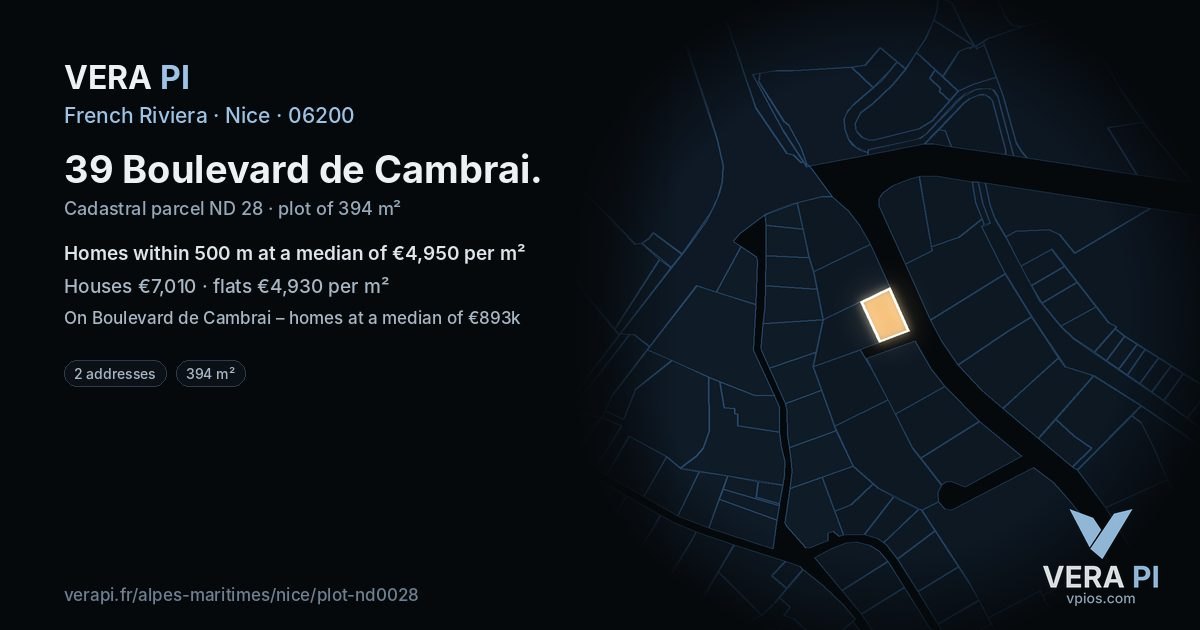 39 Boulevard de Cambrai, Nice at night – the plot lit, the parcels around coloured by the prices near them