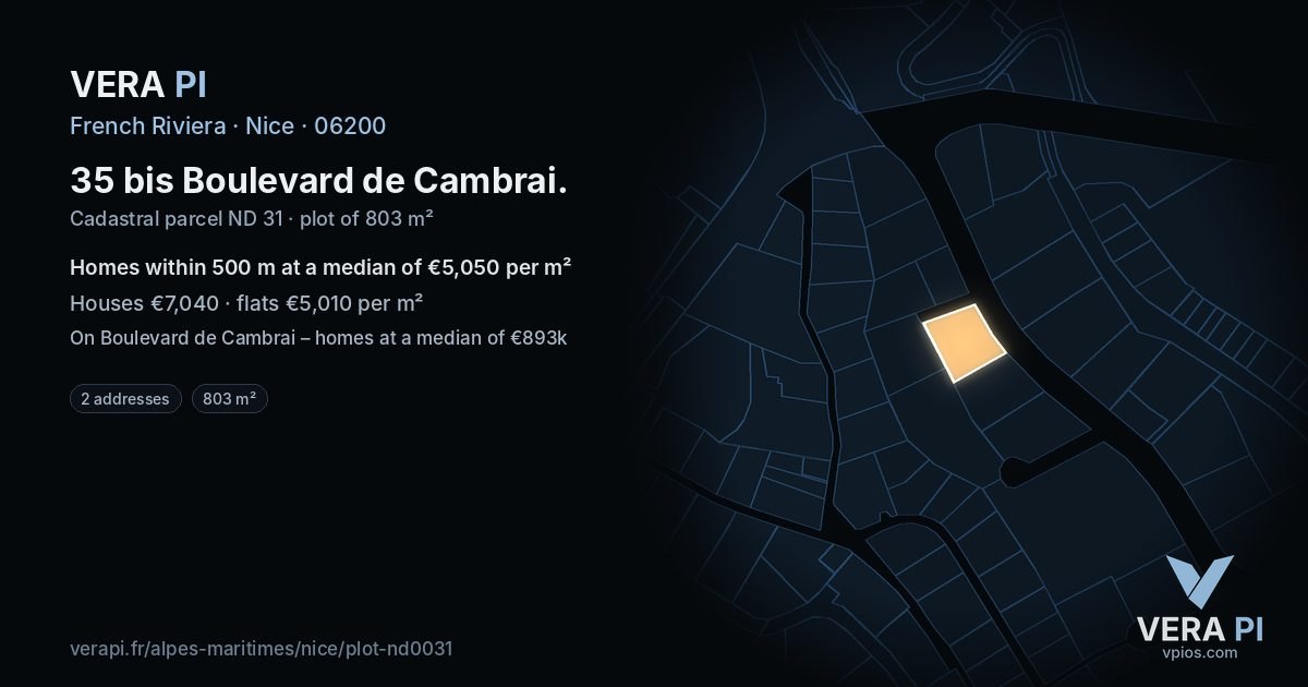 35 bis Boulevard de Cambrai, Nice at night – the plot lit, the parcels around coloured by the prices near them