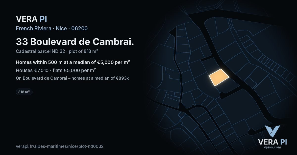 33 Boulevard de Cambrai, Nice at night – the plot lit, the parcels around coloured by the prices near them