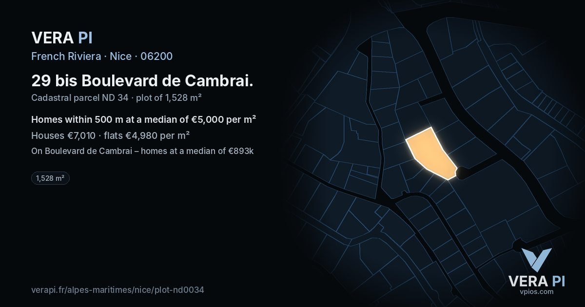 29 bis Boulevard de Cambrai, Nice at night – the plot lit, the parcels around coloured by the prices near them
