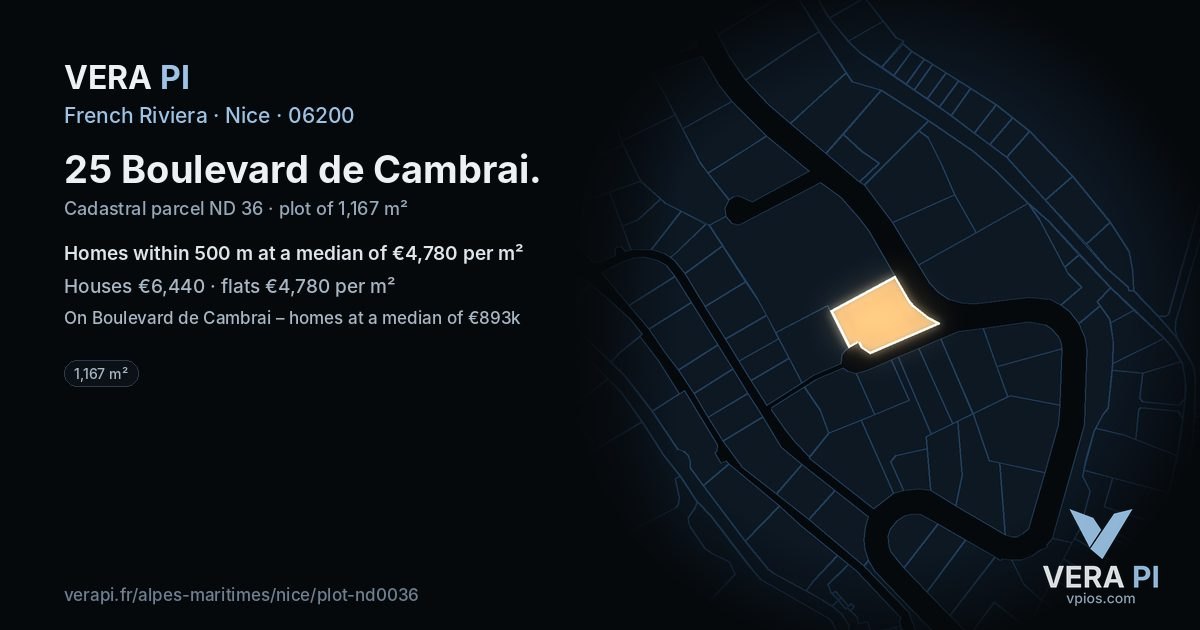 25 Boulevard de Cambrai, Nice at night – the plot lit, the parcels around coloured by the prices near them