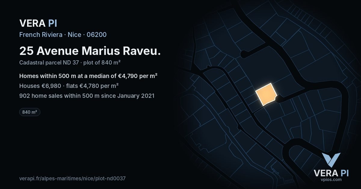 25 Avenue Marius Raveu, Nice at night – the plot lit, the parcels around coloured by the prices near them