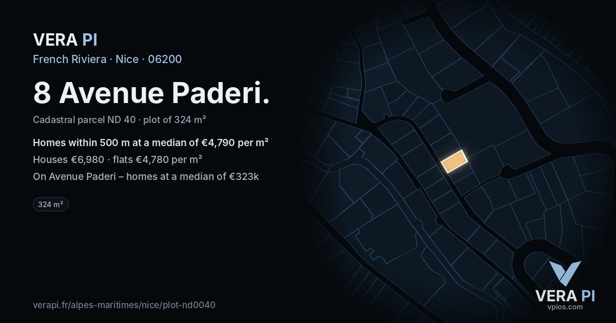 8 Avenue Paderi, Nice at night – the plot lit, the parcels around coloured by the prices near them