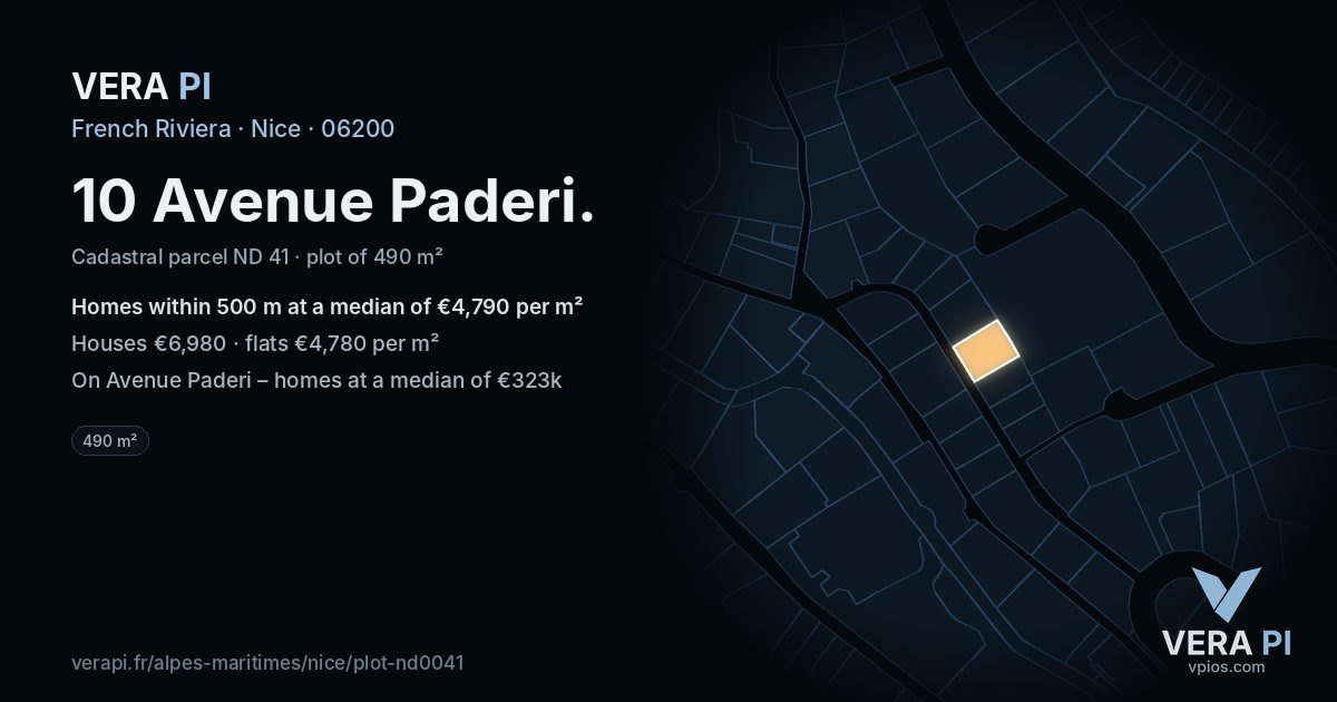 10 Avenue Paderi, Nice at night – the plot lit, the parcels around coloured by the prices near them