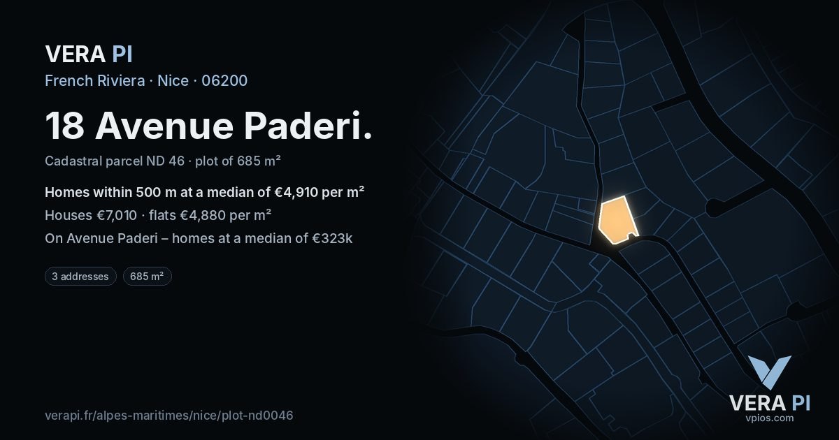 18 Avenue Paderi, Nice at night – the plot lit, the parcels around coloured by the prices near them