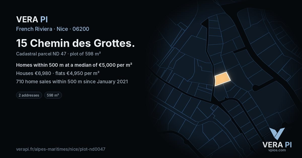 15 Chemin des Grottes, Nice at night – the plot lit, the parcels around coloured by the prices near them
