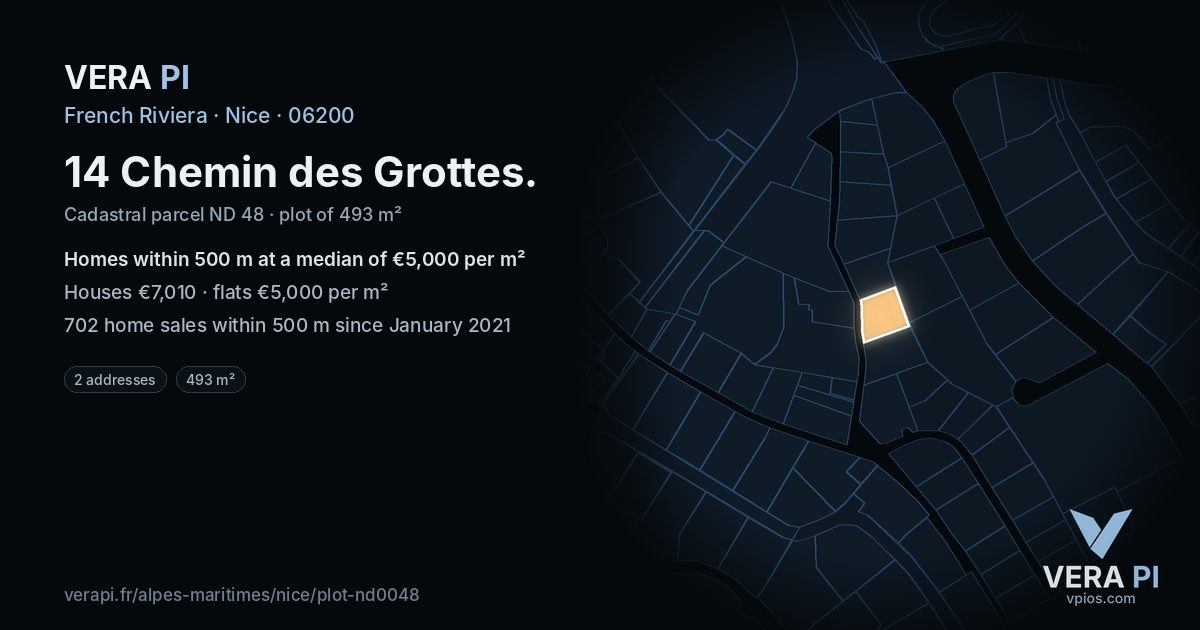 14 Chemin des Grottes, Nice at night – the plot lit, the parcels around coloured by the prices near them