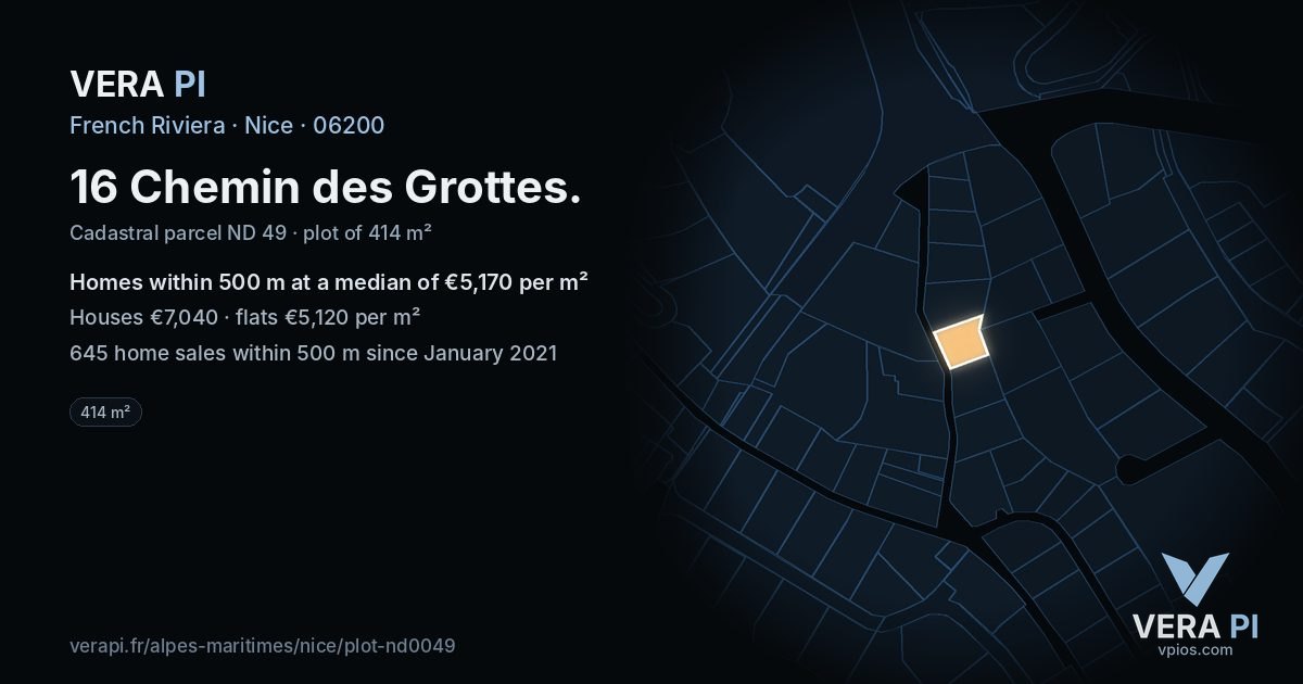 16 Chemin des Grottes, Nice at night – the plot lit, the parcels around coloured by the prices near them