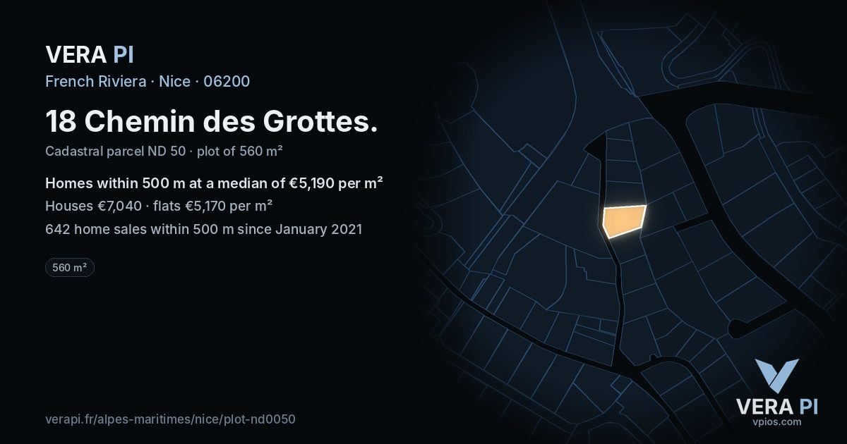 18 Chemin des Grottes, Nice at night – the plot lit, the parcels around coloured by the prices near them