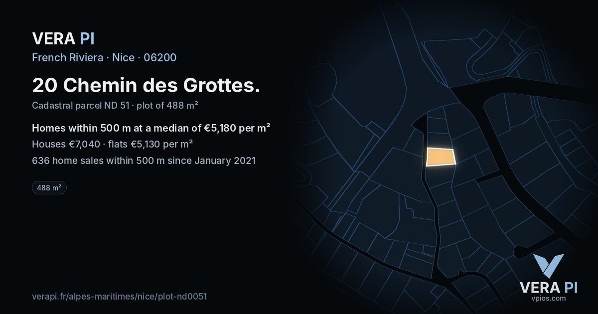 20 Chemin des Grottes, Nice at night – the plot lit, the parcels around coloured by the prices near them