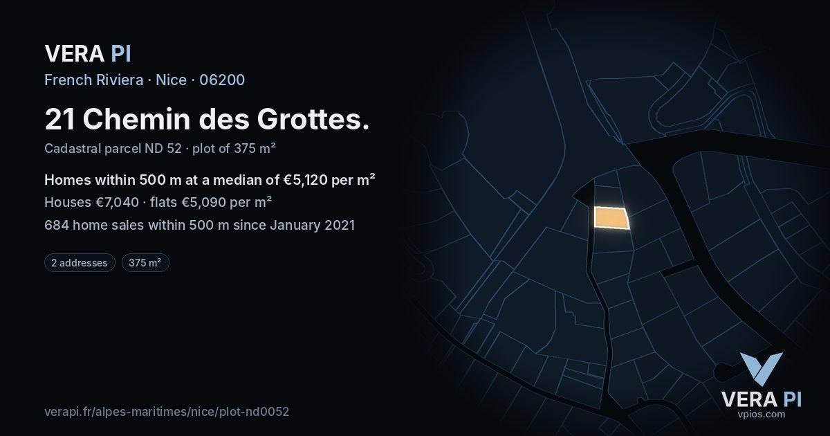 21 Chemin des Grottes, Nice at night – the plot lit, the parcels around coloured by the prices near them