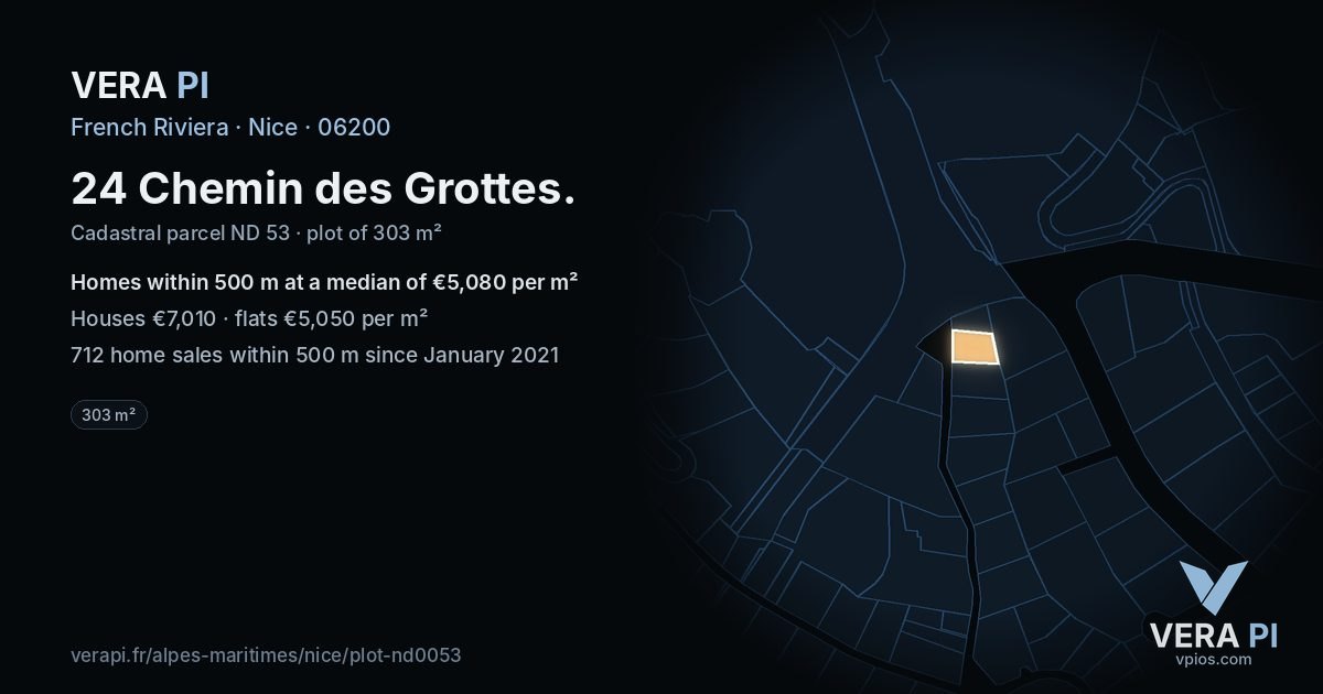 24 Chemin des Grottes, Nice at night – the plot lit, the parcels around coloured by the prices near them